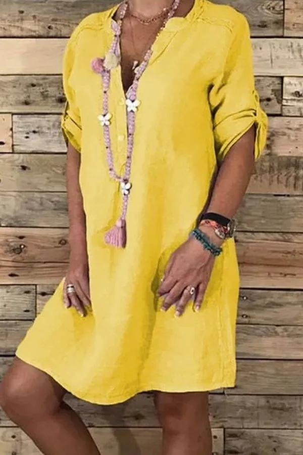Cotton & Linen V Neck Midi Dress