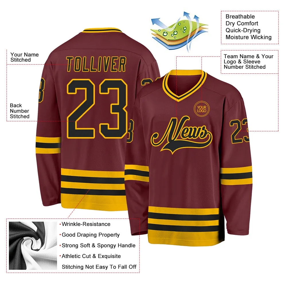 Custom Burgundy Black-Gold Hockey Jersey