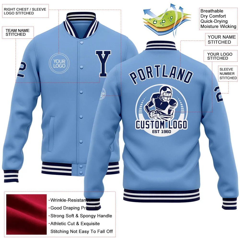 Custom Light Blue Navy-White Bomber Full-Snap Varsity Letterman Jacket