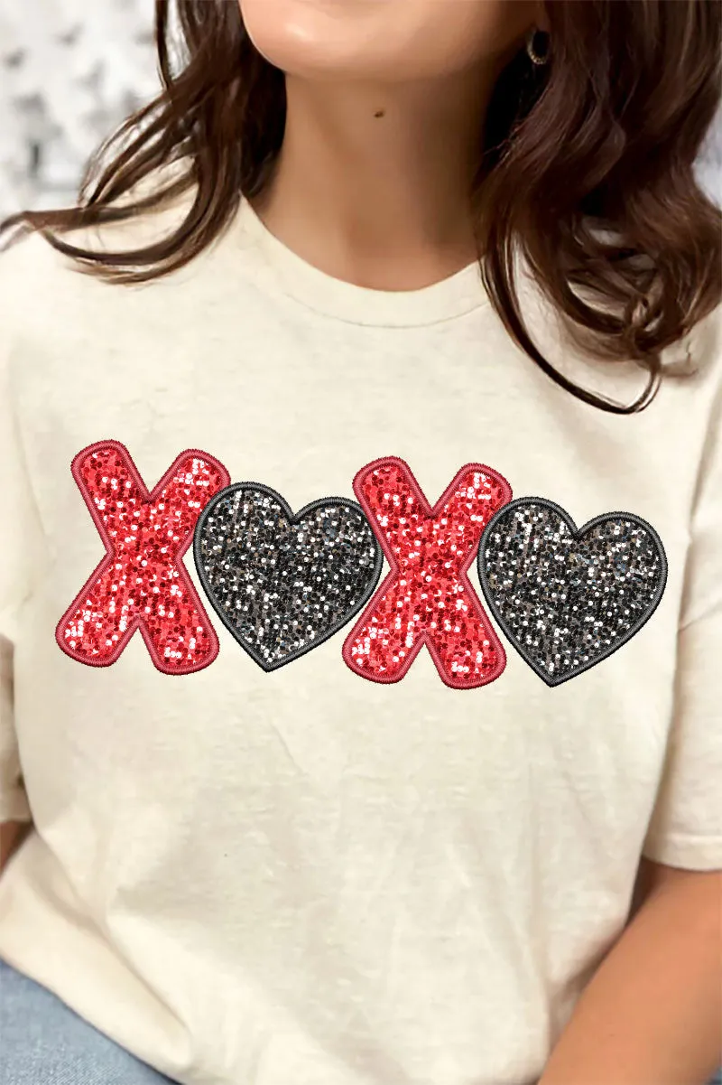Doodle XOXO Faux Sequin Transfer Short Sleeve Relaxed Fit T-Shirt