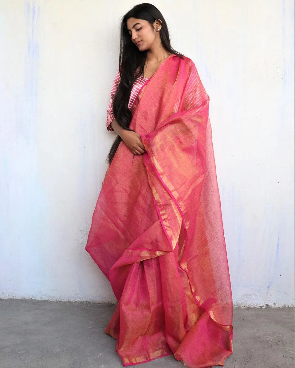 Eliana Handwoven Linen Saree-Melting Moon