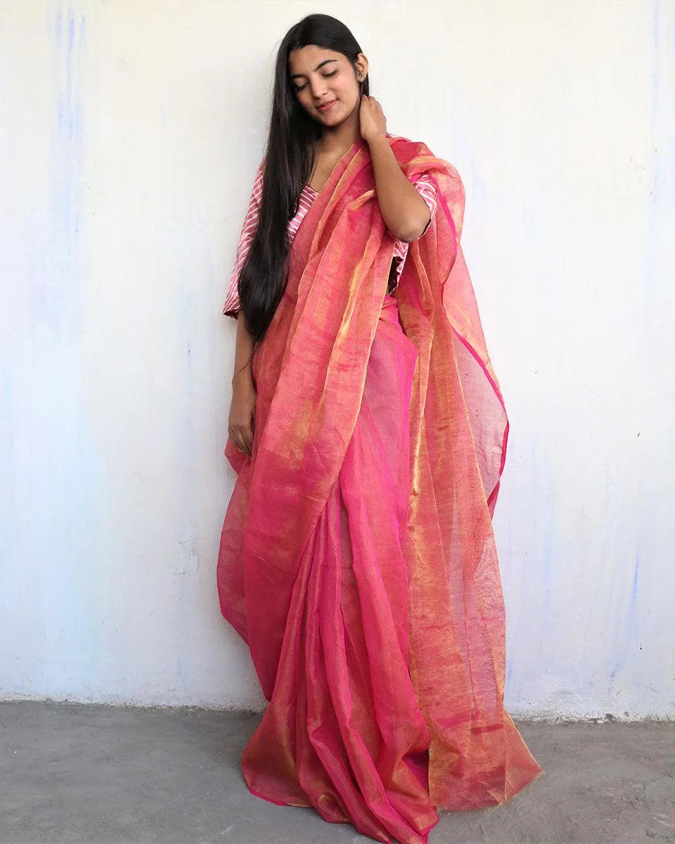 Eliana Handwoven Linen Saree-Melting Moon