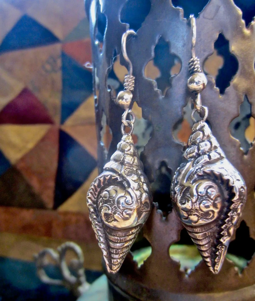 Embossed Silver Tibetan Conch Shell Earrings
