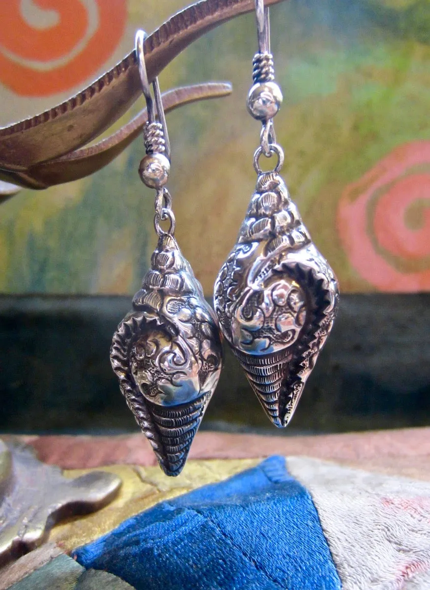 Embossed Silver Tibetan Conch Shell Earrings