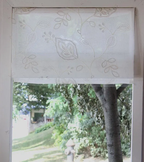 Embroidery Floral Ivory Linen Blend Flat Roman Shade/CL1011