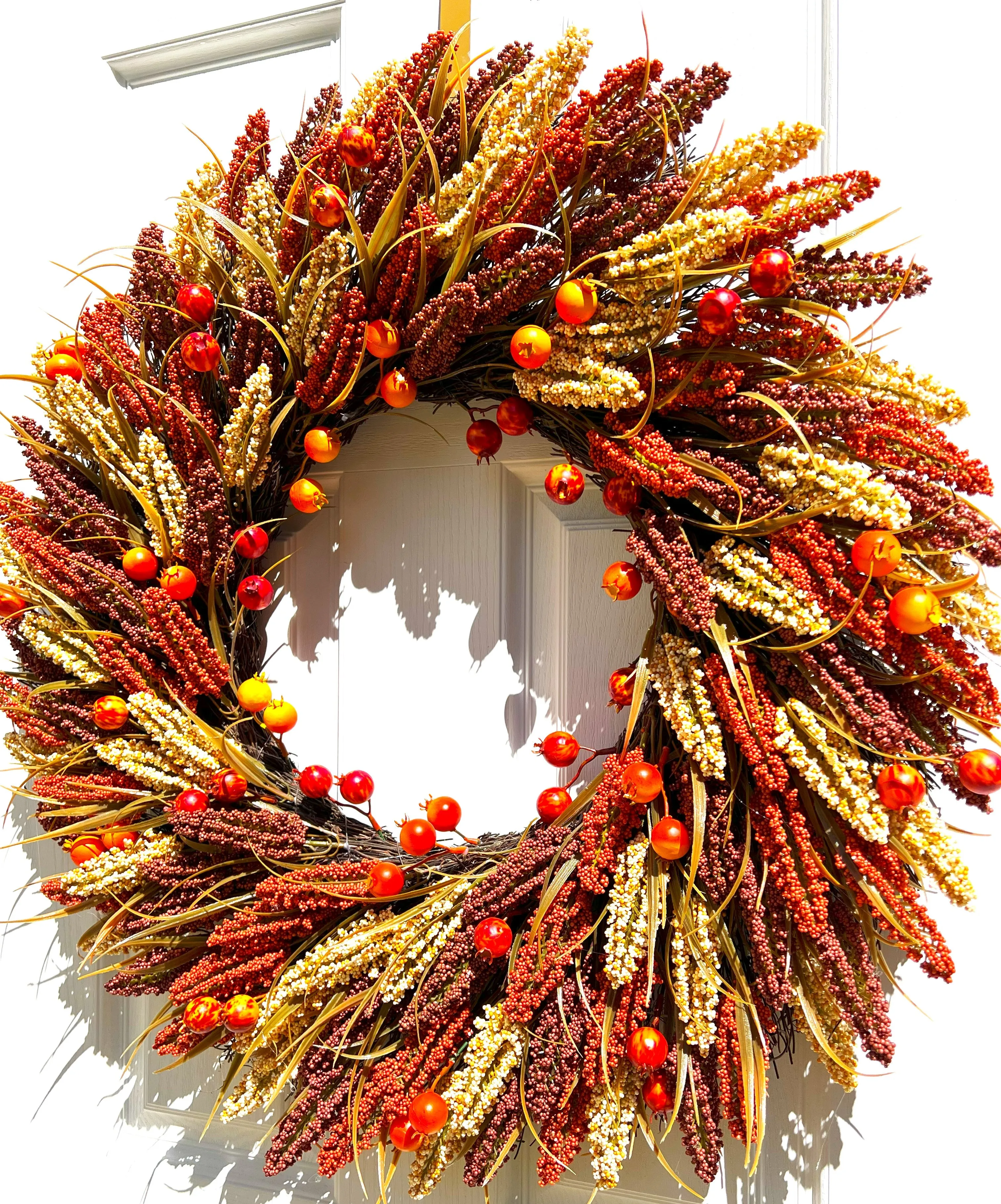Faux Heather Sprigs/Pomegranates Fall Harvest Wreath 30 Inches Diameter