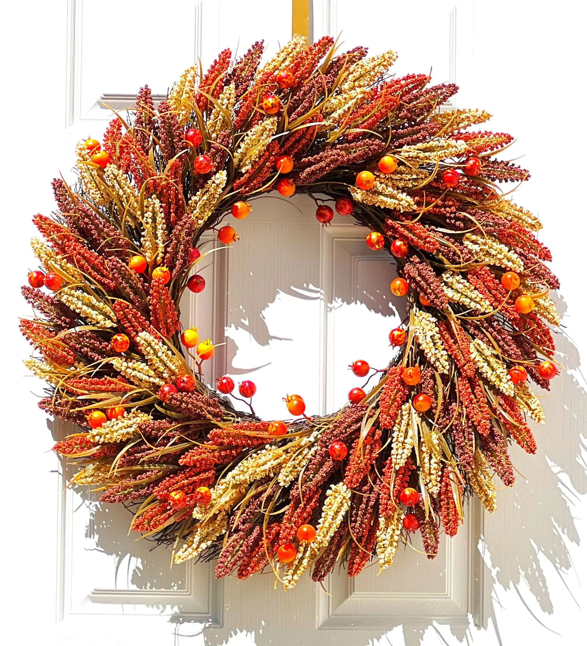 Faux Heather Sprigs/Pomegranates Fall Harvest Wreath 30 Inches Diameter