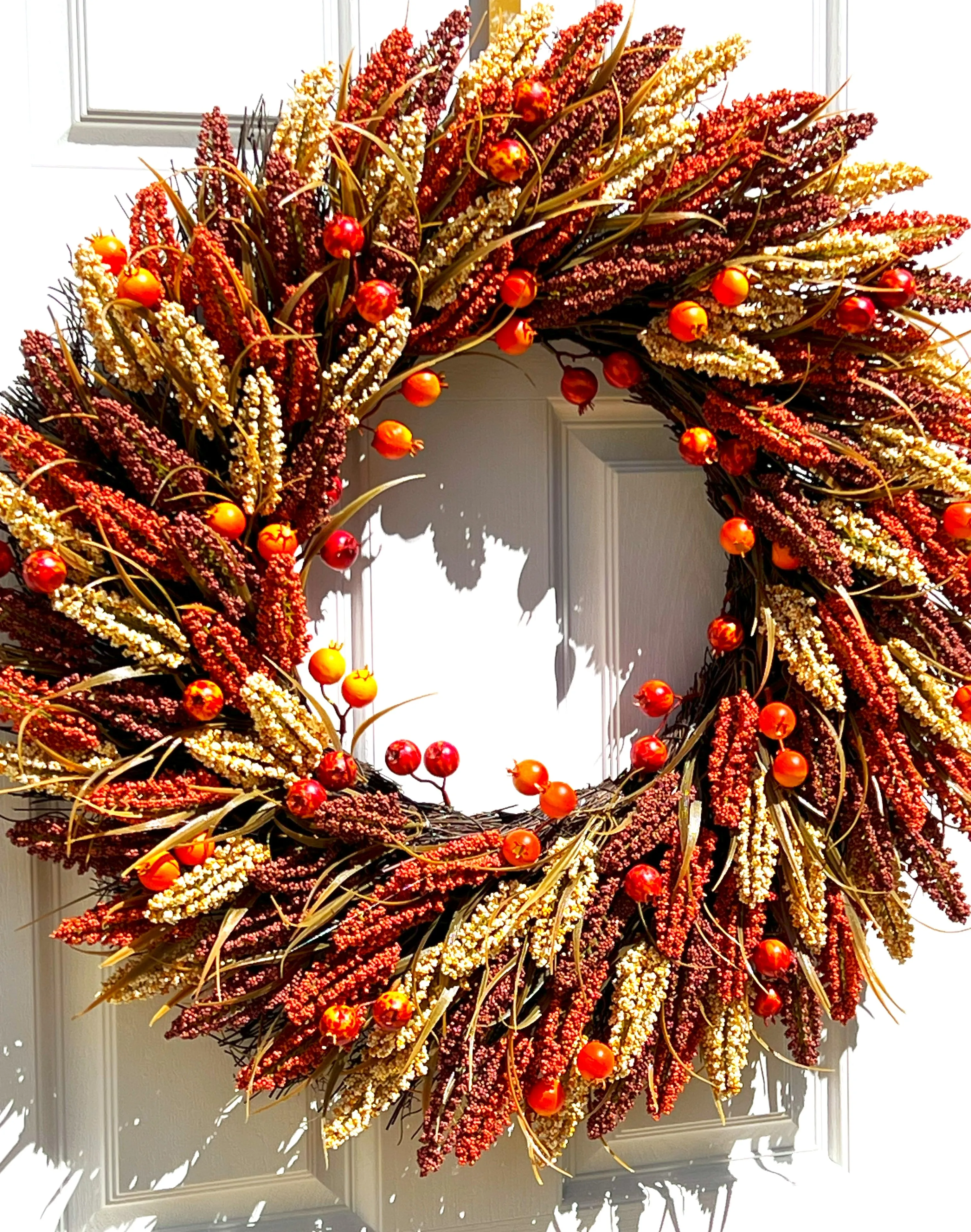 Faux Heather Sprigs/Pomegranates Fall Harvest Wreath 30 Inches Diameter