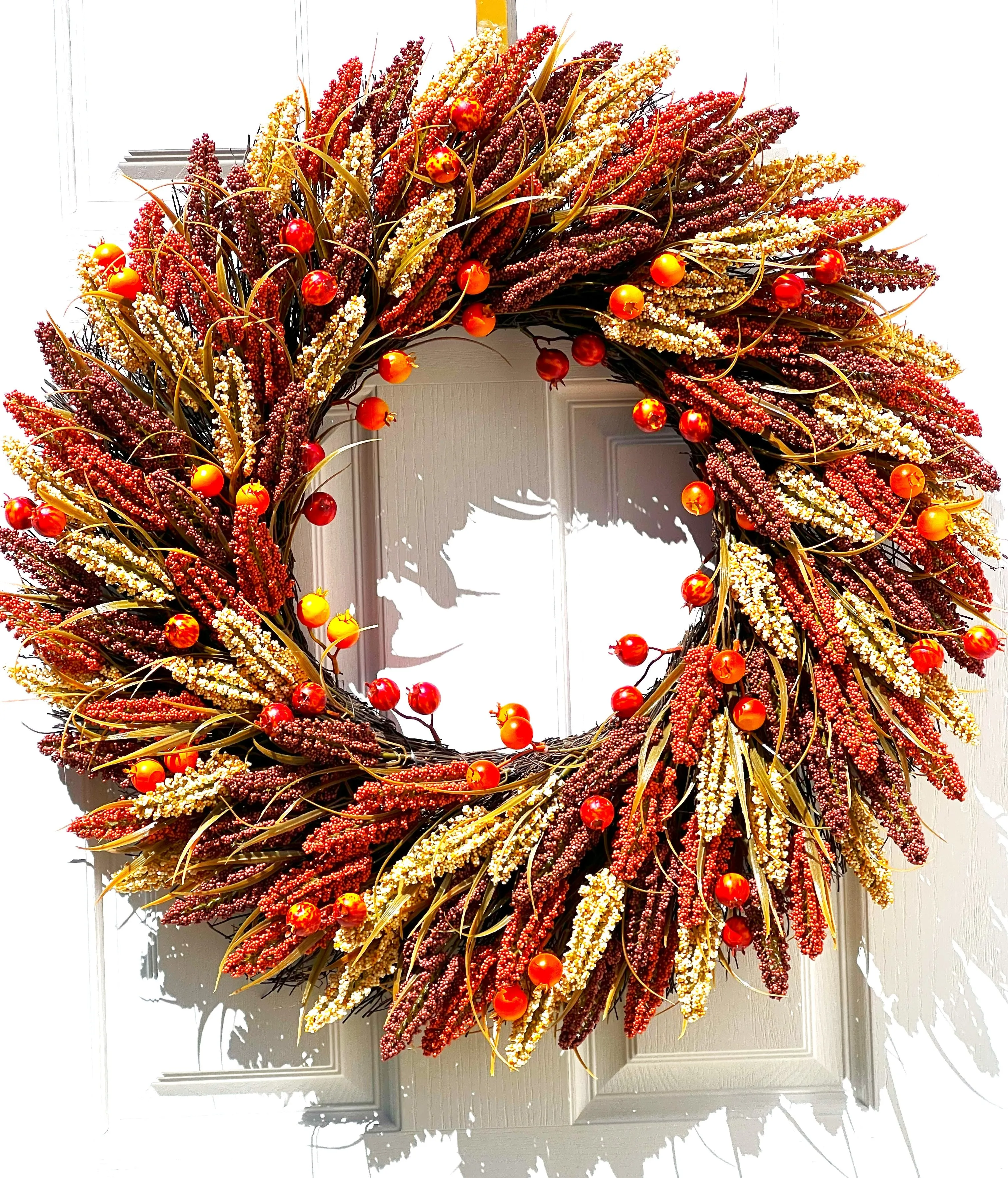 Faux Heather Sprigs/Pomegranates Fall Harvest Wreath 30 Inches Diameter