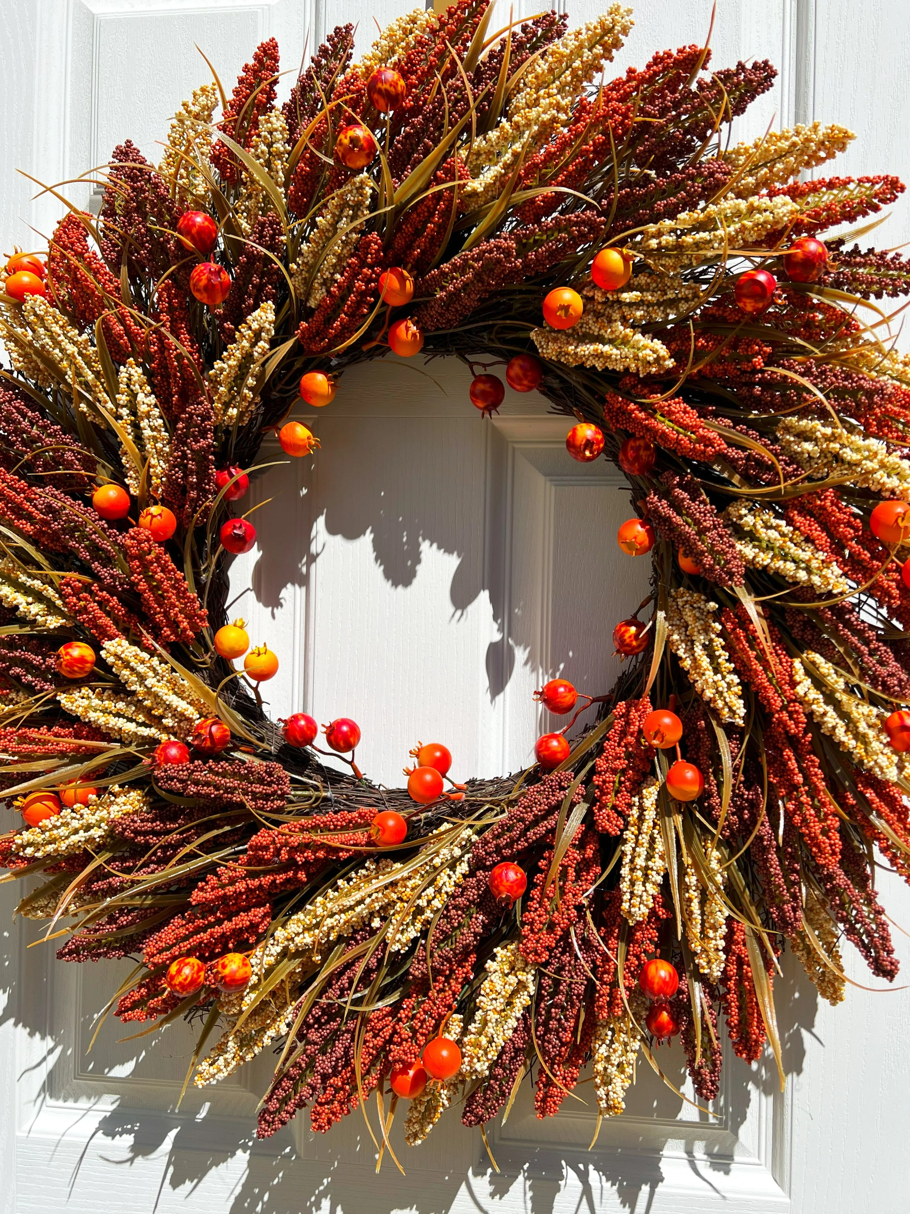 Faux Heather Sprigs/Pomegranates Fall Harvest Wreath 30 Inches Diameter