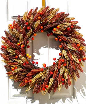 Faux Heather Sprigs/Pomegranates Fall Harvest Wreath 30 Inches Diameter