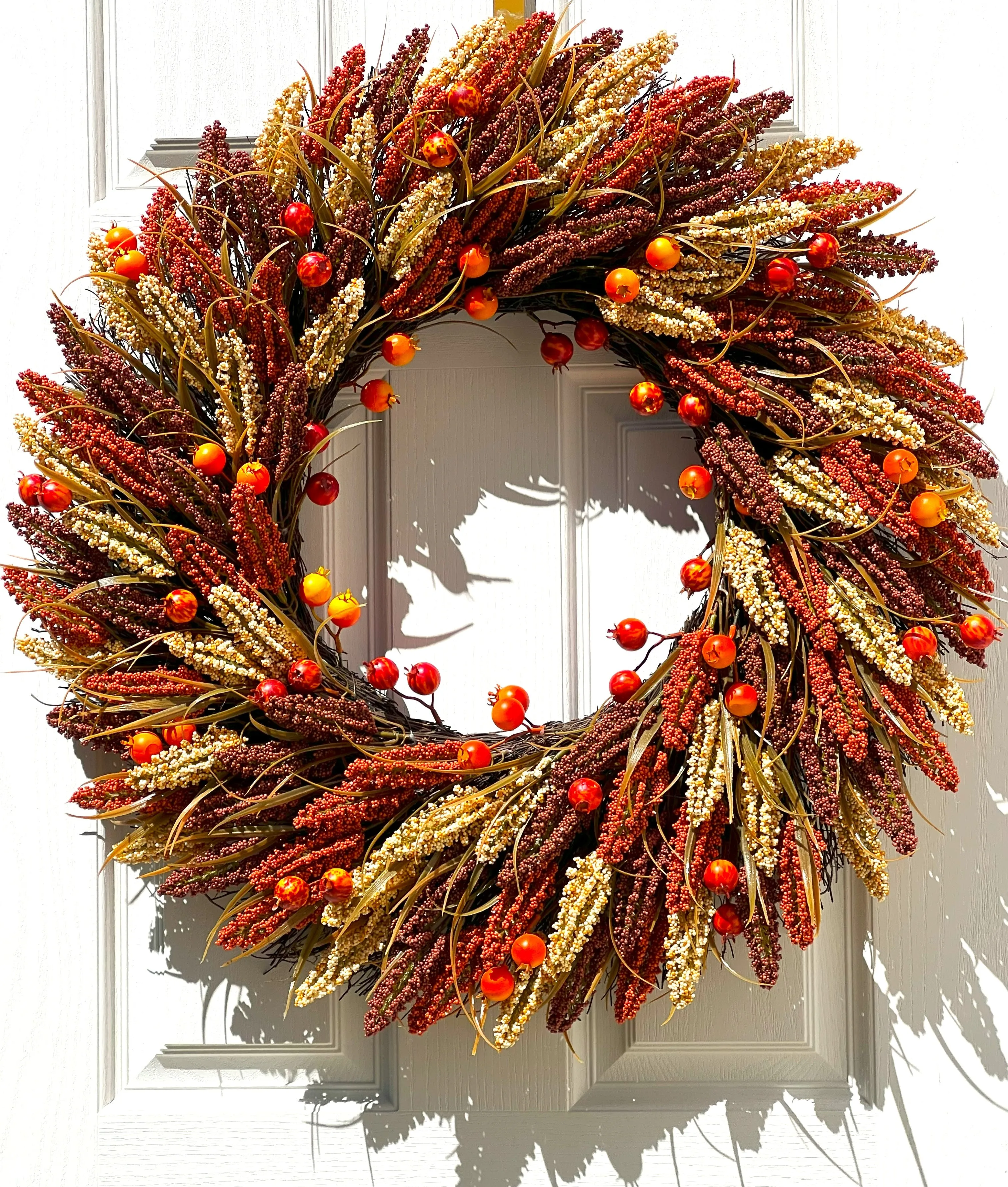 Faux Heather Sprigs/Pomegranates Fall Harvest Wreath 30 Inches Diameter