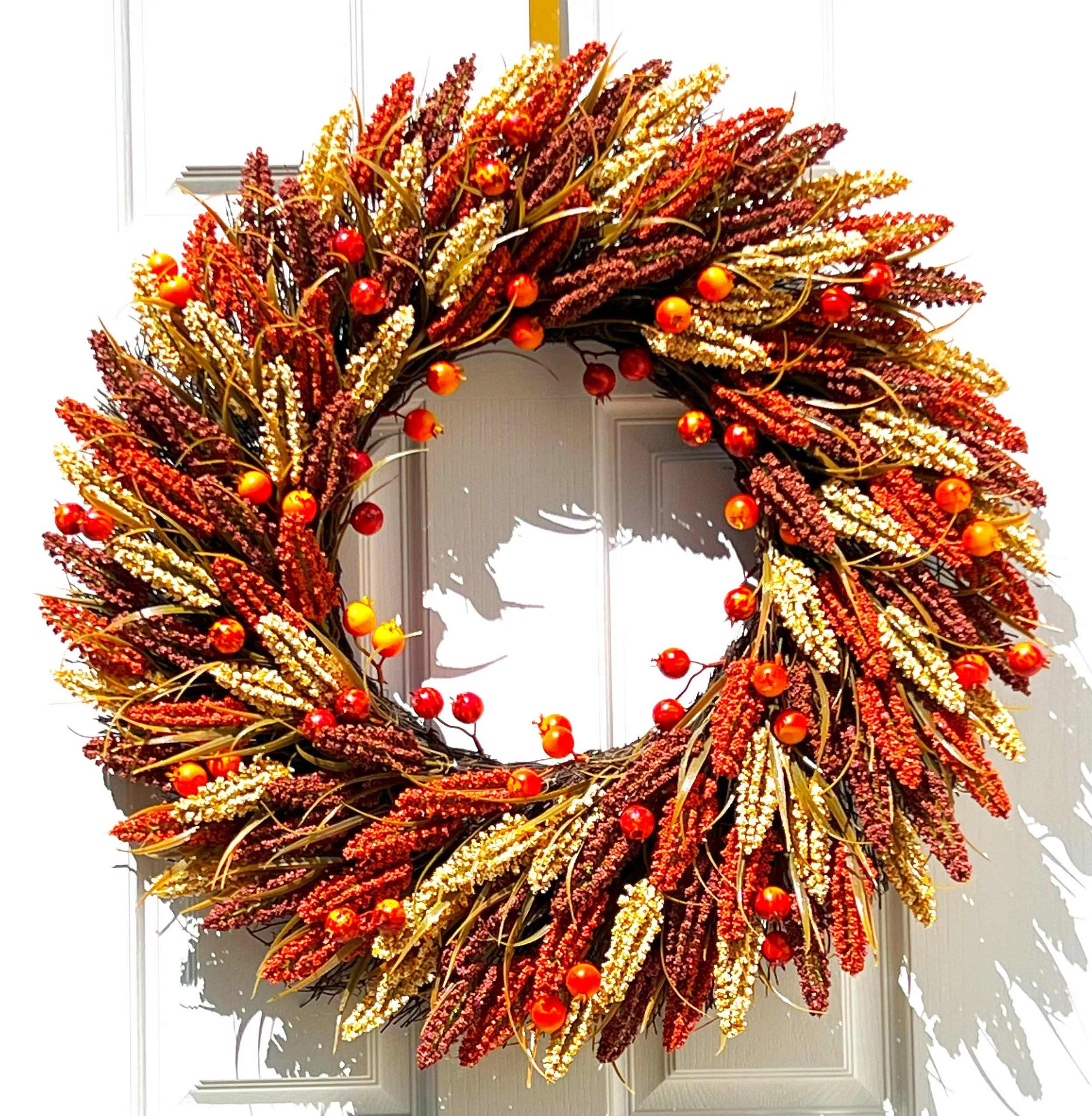 Faux Heather Sprigs/Pomegranates Fall Harvest Wreath 30 Inches Diameter