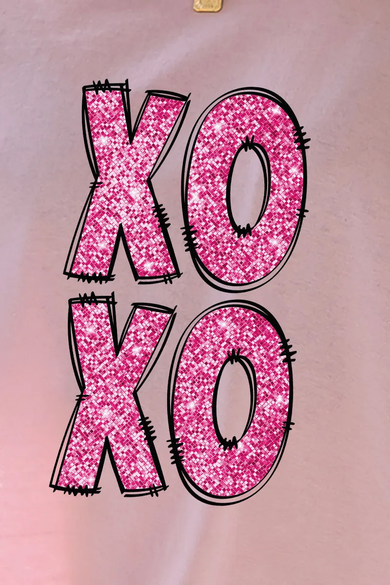 Faux Sequin Pink Stacked XOXO Transfer Short Sleeve Relaxed Fit T-Shirt