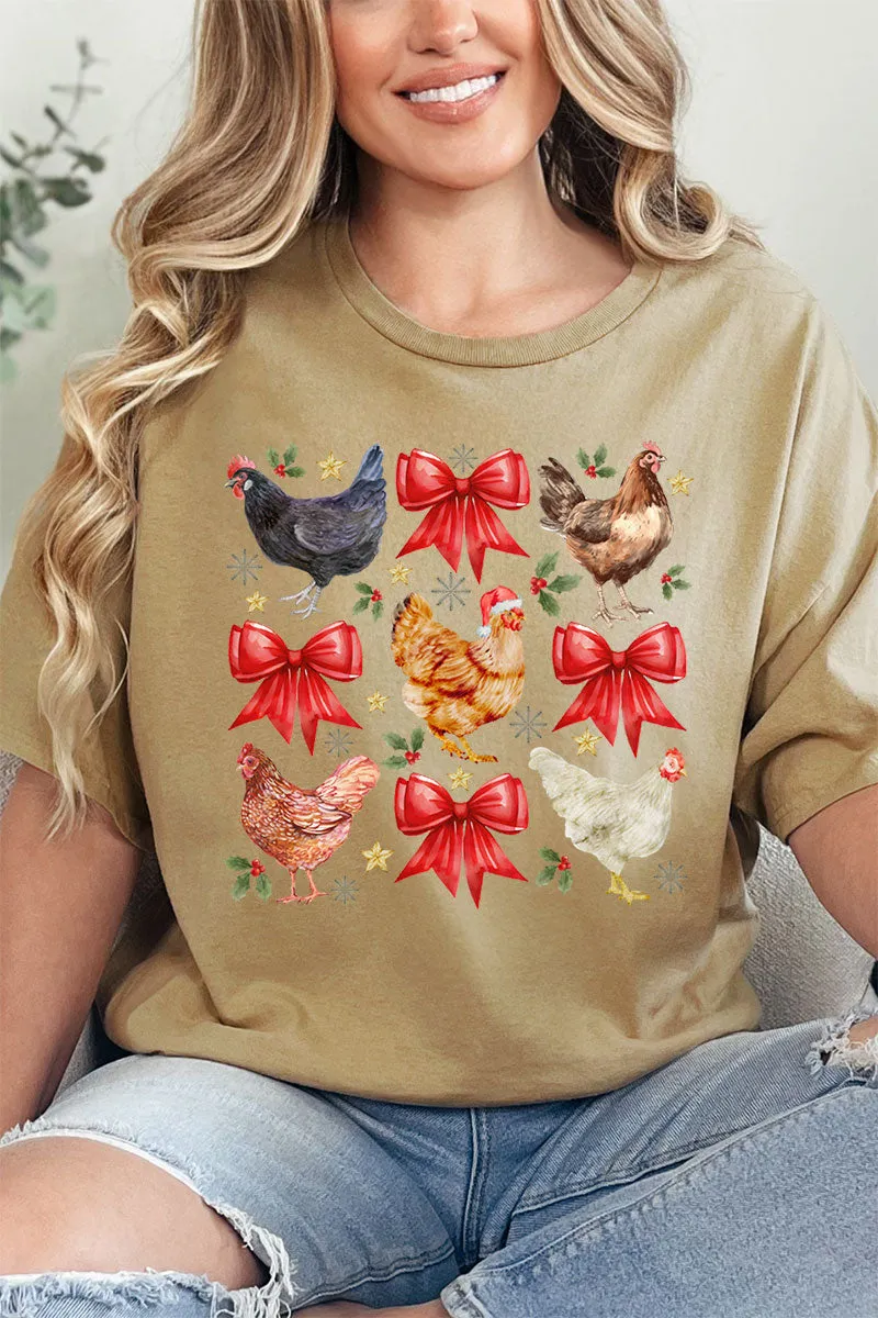 Festive Chickens And Coquette Bows Short Sleeve Relaxed Fit T-Shirt