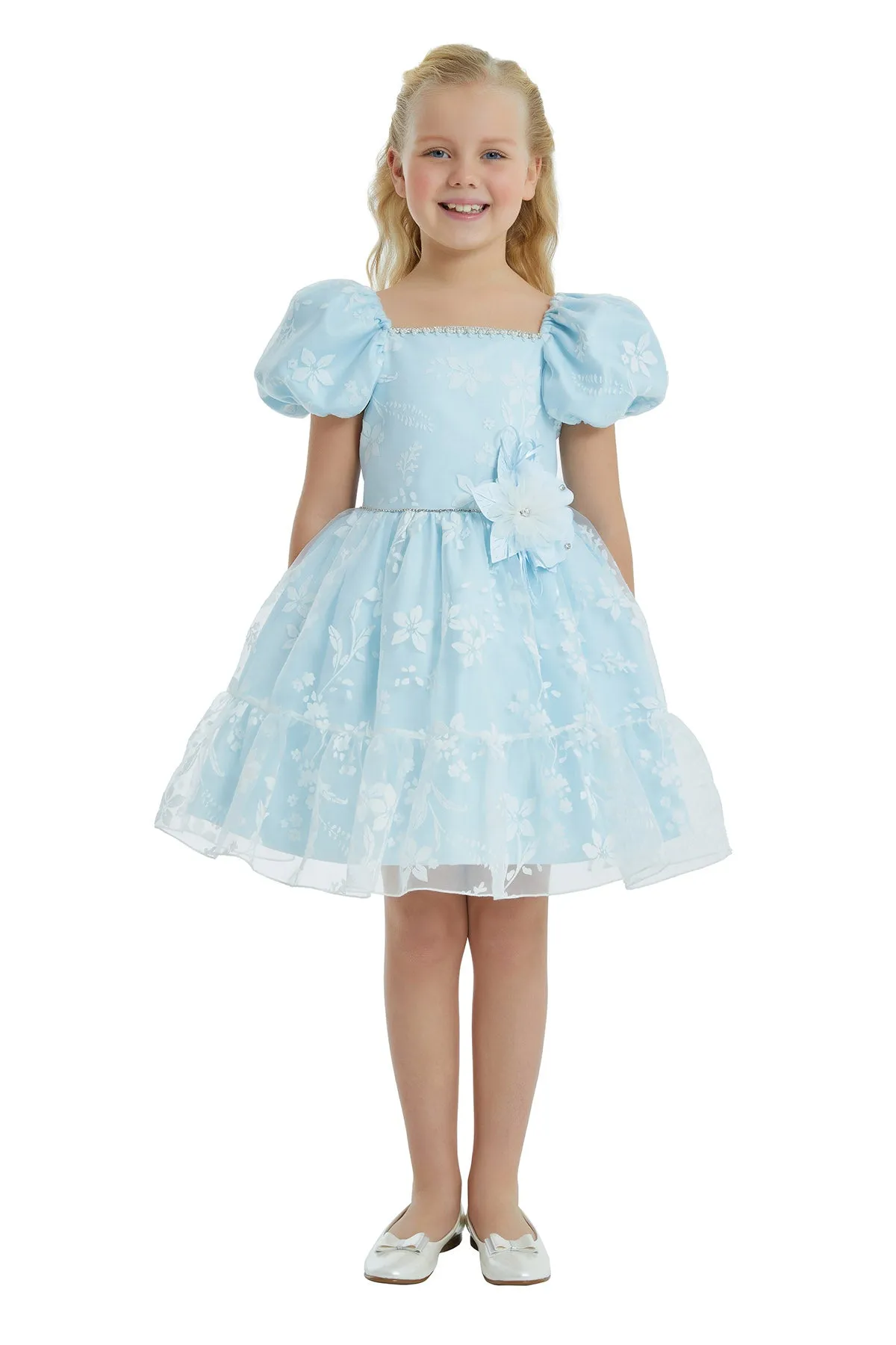 Floral Puff Sleeve Dress Blue for Little Girls
