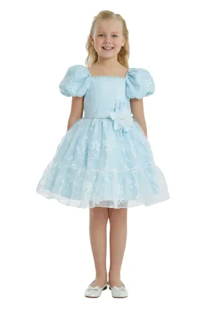 Floral Puff Sleeve Dress Blue for Little Girls