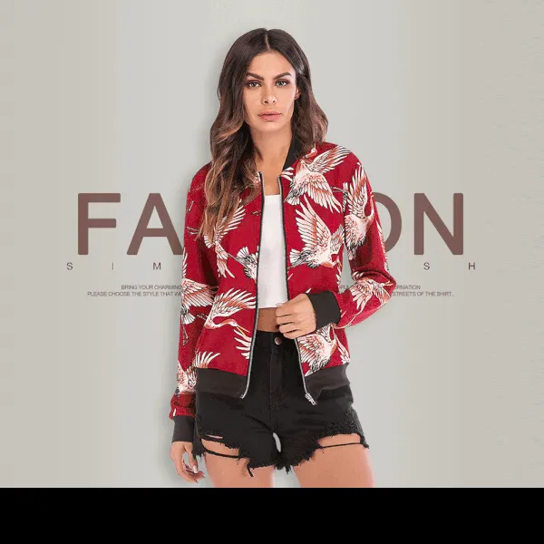 Flying Crane Printing Baseball Coat Zipper Jacket for Autumn&Winter
