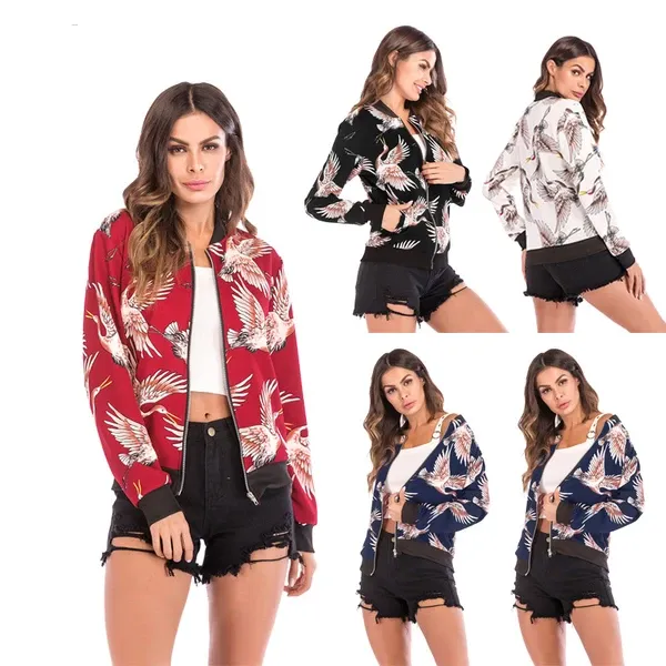 Flying Crane Printing Baseball Coat Zipper Jacket for Autumn&Winter