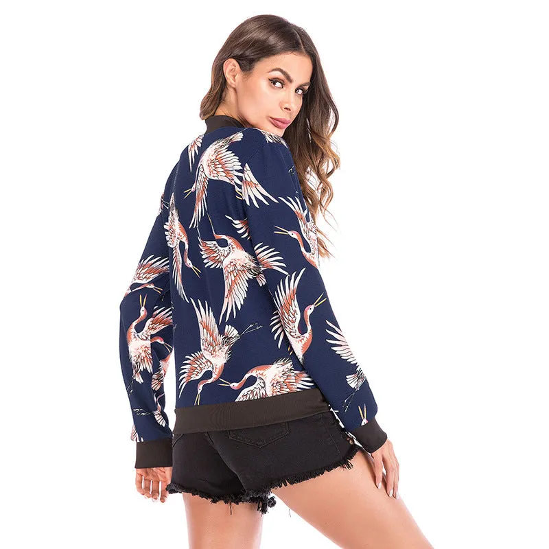 Flying Crane Printing Baseball Coat Zipper Jacket for Autumn&Winter