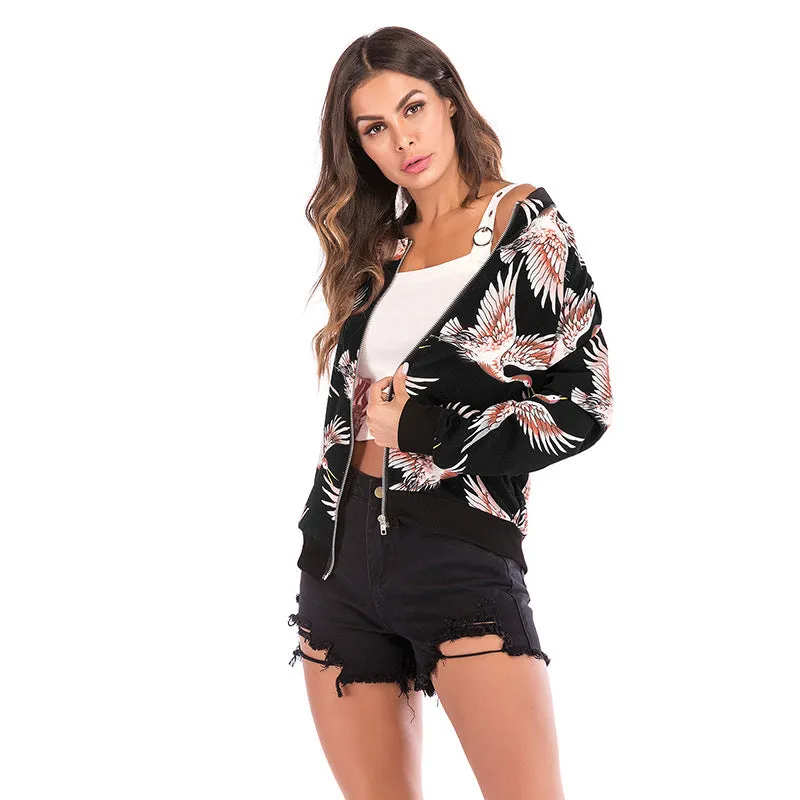 Flying Crane Printing Baseball Coat Zipper Jacket for Autumn&Winter
