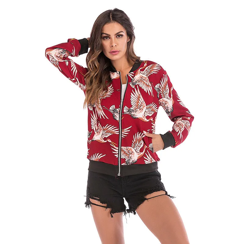 Flying Crane Printing Baseball Coat Zipper Jacket for Autumn&Winter