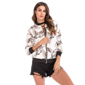 Flying Crane Printing Baseball Coat Zipper Jacket for Autumn&Winter