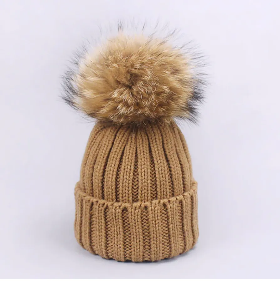 Fur Pom Pom Knitted Hat - Child