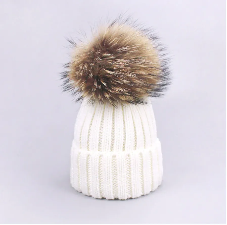 Fur Pom Pom Knitted Hat - Child