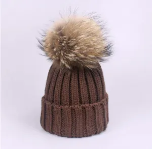 Fur Pom Pom Knitted Hat - Child