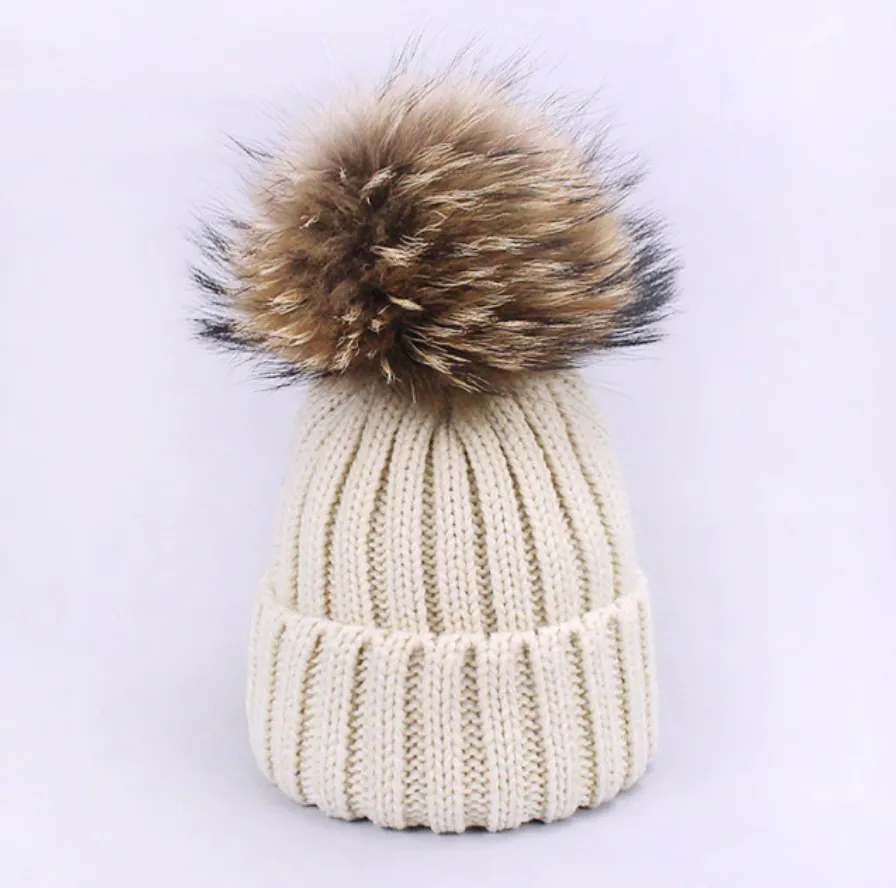 Fur Pom Pom Knitted Hat - Child