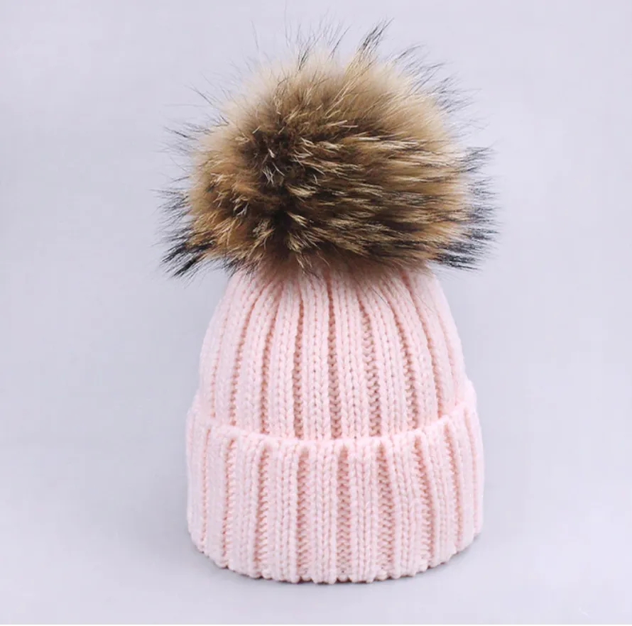 Fur Pom Pom Knitted Hat - Child