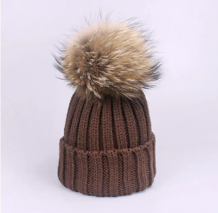 Fur Pom Pom Knitted Hat - Child