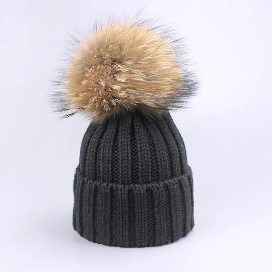 Fur Pom Pom Knitted Hat - Child