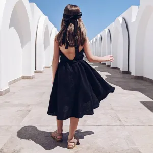 Girls Sleeveless Backless Casual Linen Dress - Black