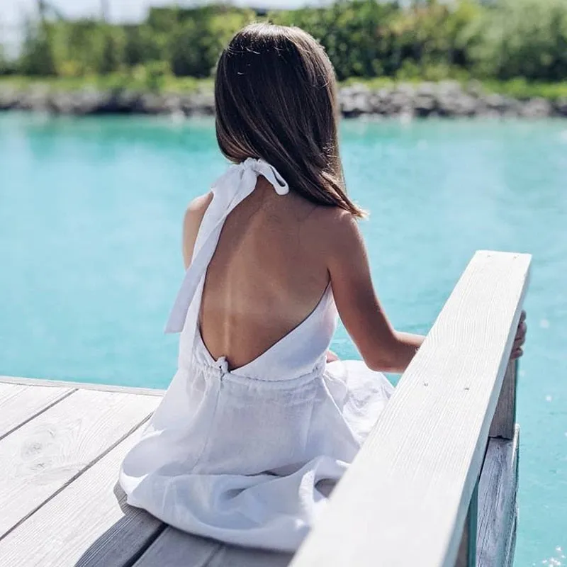 Girls Sleeveless Backless Casual Linen Dress - White