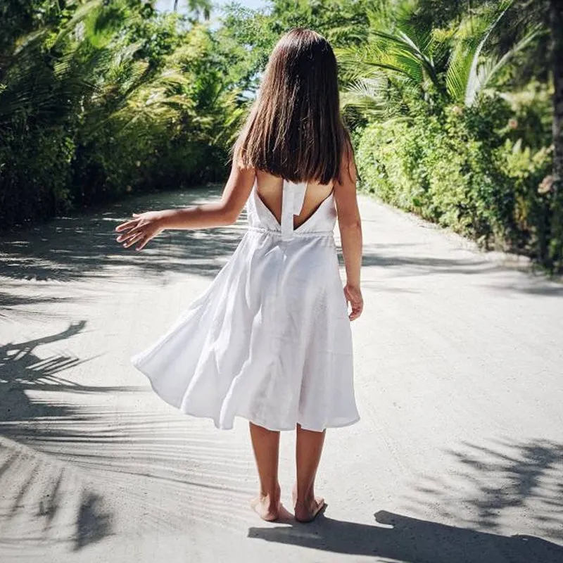 Girls Sleeveless Backless Casual Linen Dress - White