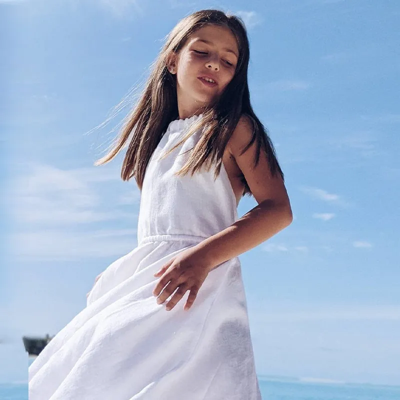 Girls Sleeveless Backless Casual Linen Dress - White