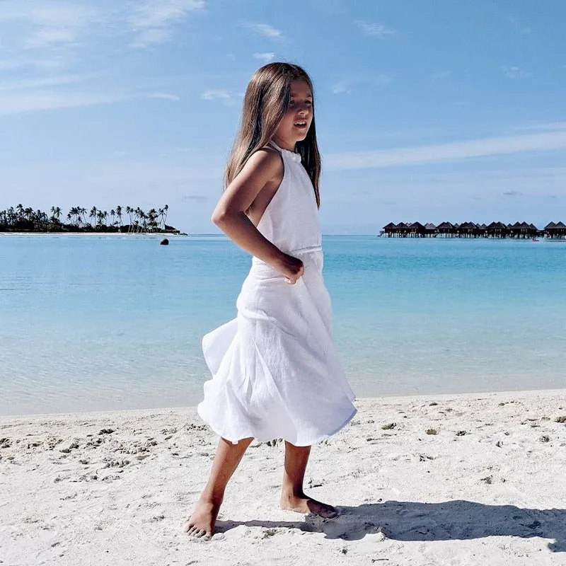 Girls Sleeveless Backless Casual Linen Dress - White