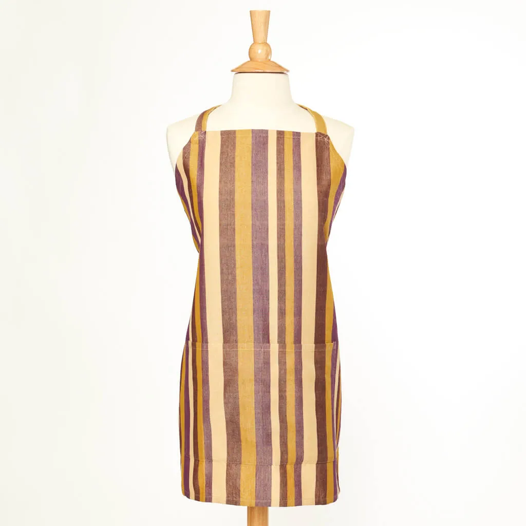 Hand Woven Bib Apron | Mustard & Eggplant Stripes