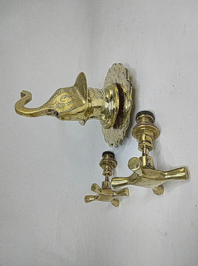Handcrafted Traditional Elephant Head Brass Faucet with Dual Brass Handles