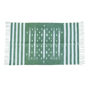 Handwoven Green and White Stripe Traditional Cotton Rug with Fringes