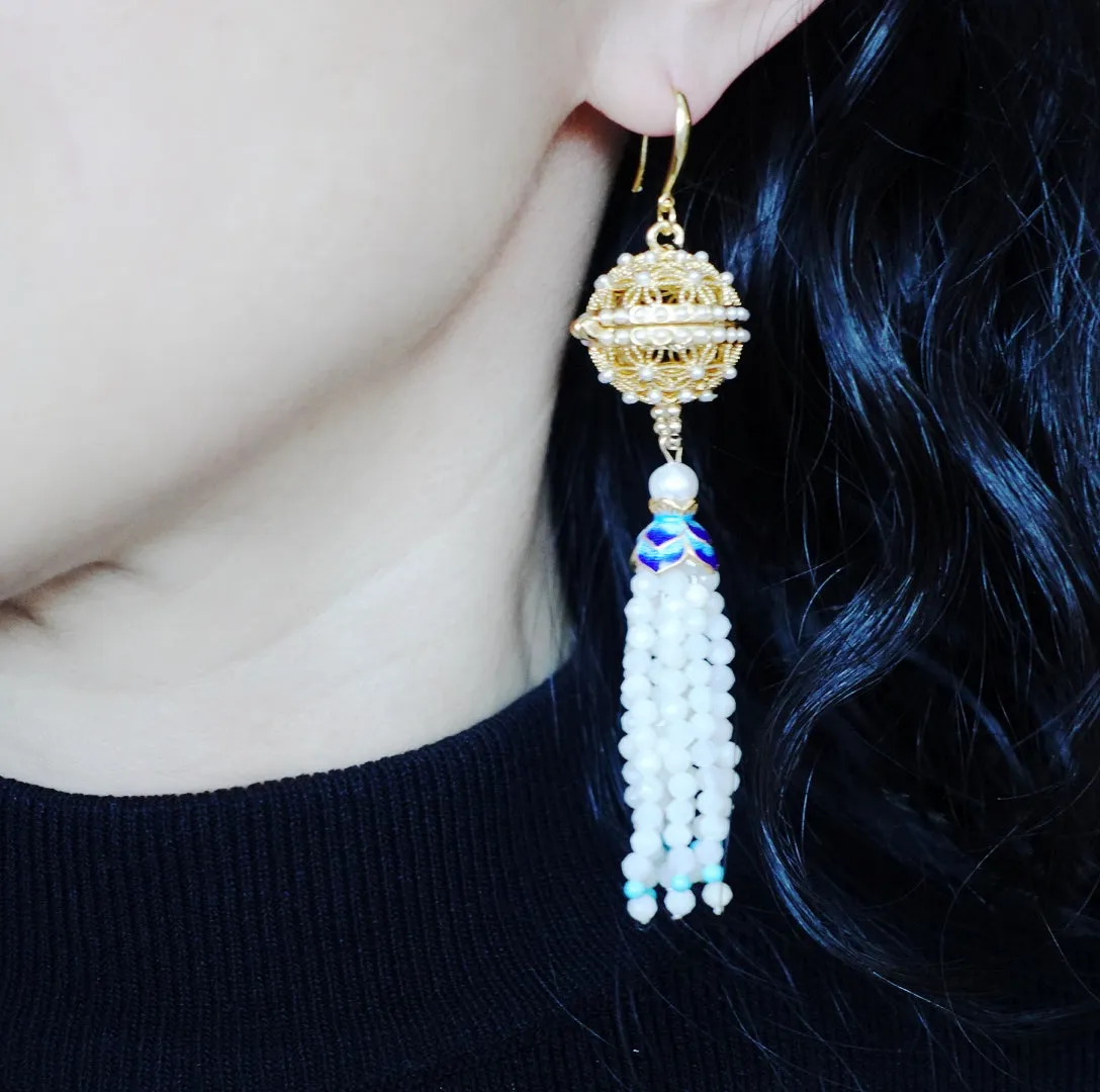 Herbal Locket Gemstone Tassel Earrings - Burma Jadeite