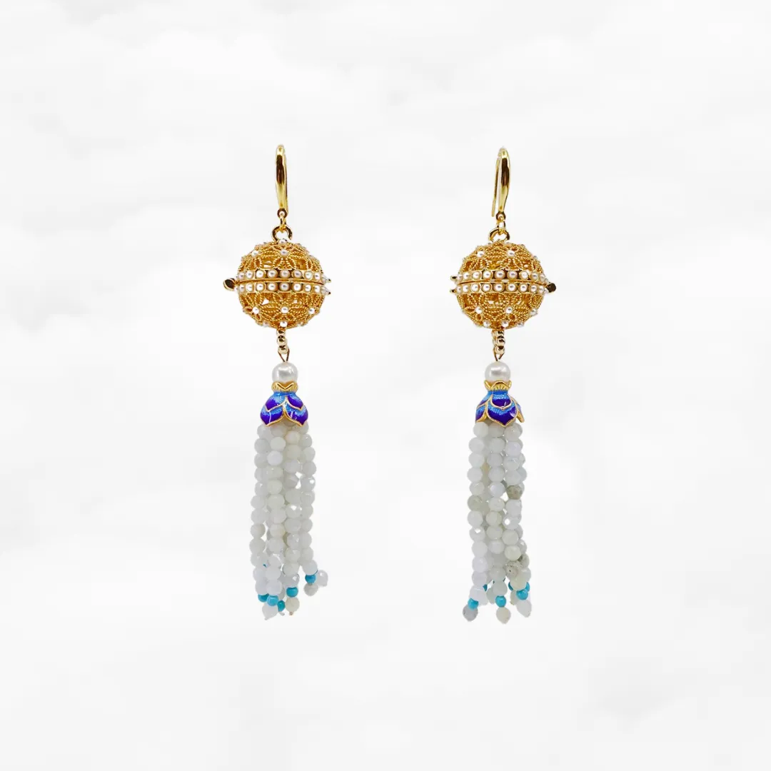 Herbal Locket Gemstone Tassel Earrings - Burma Jadeite
