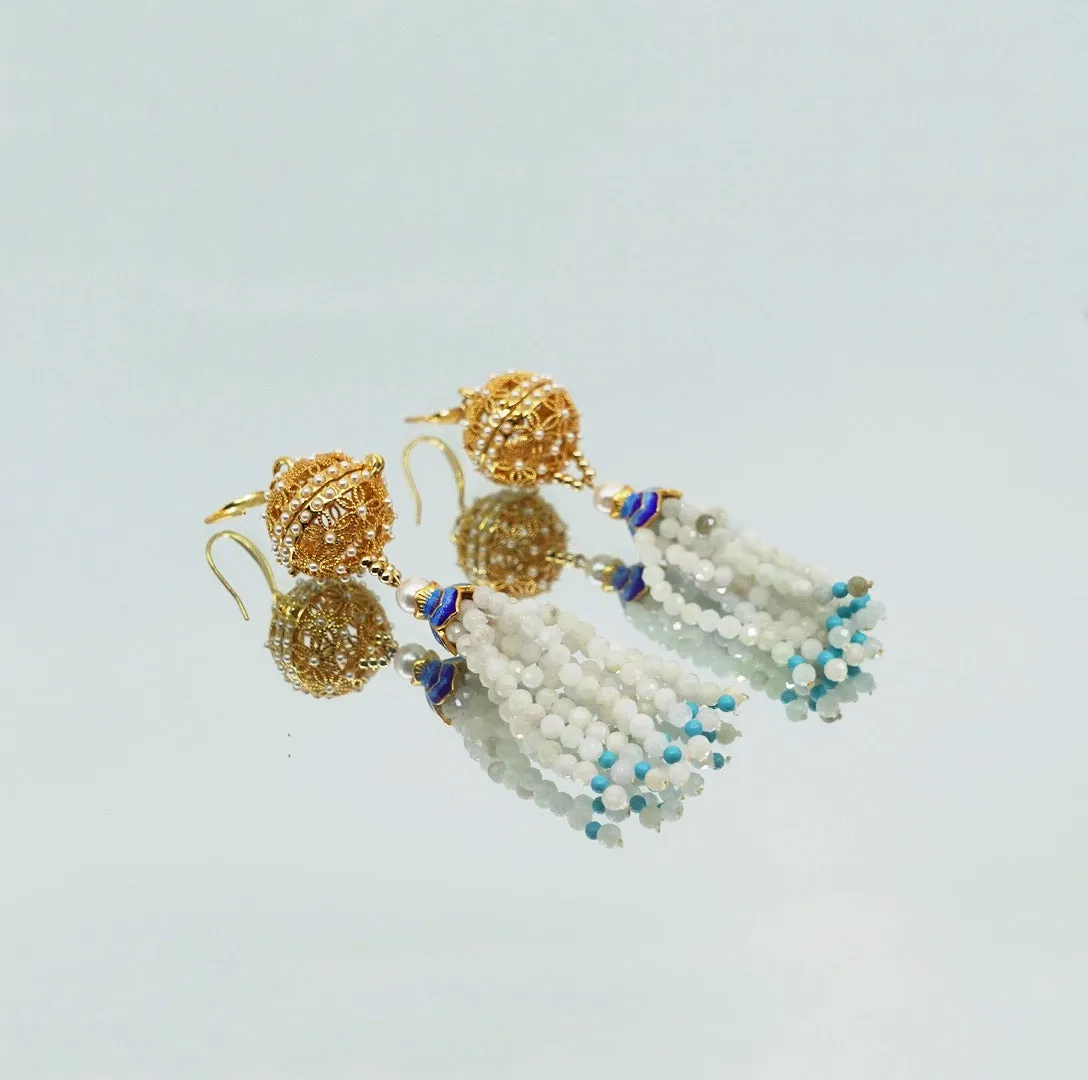 Herbal Locket Gemstone Tassel Earrings - Burma Jadeite