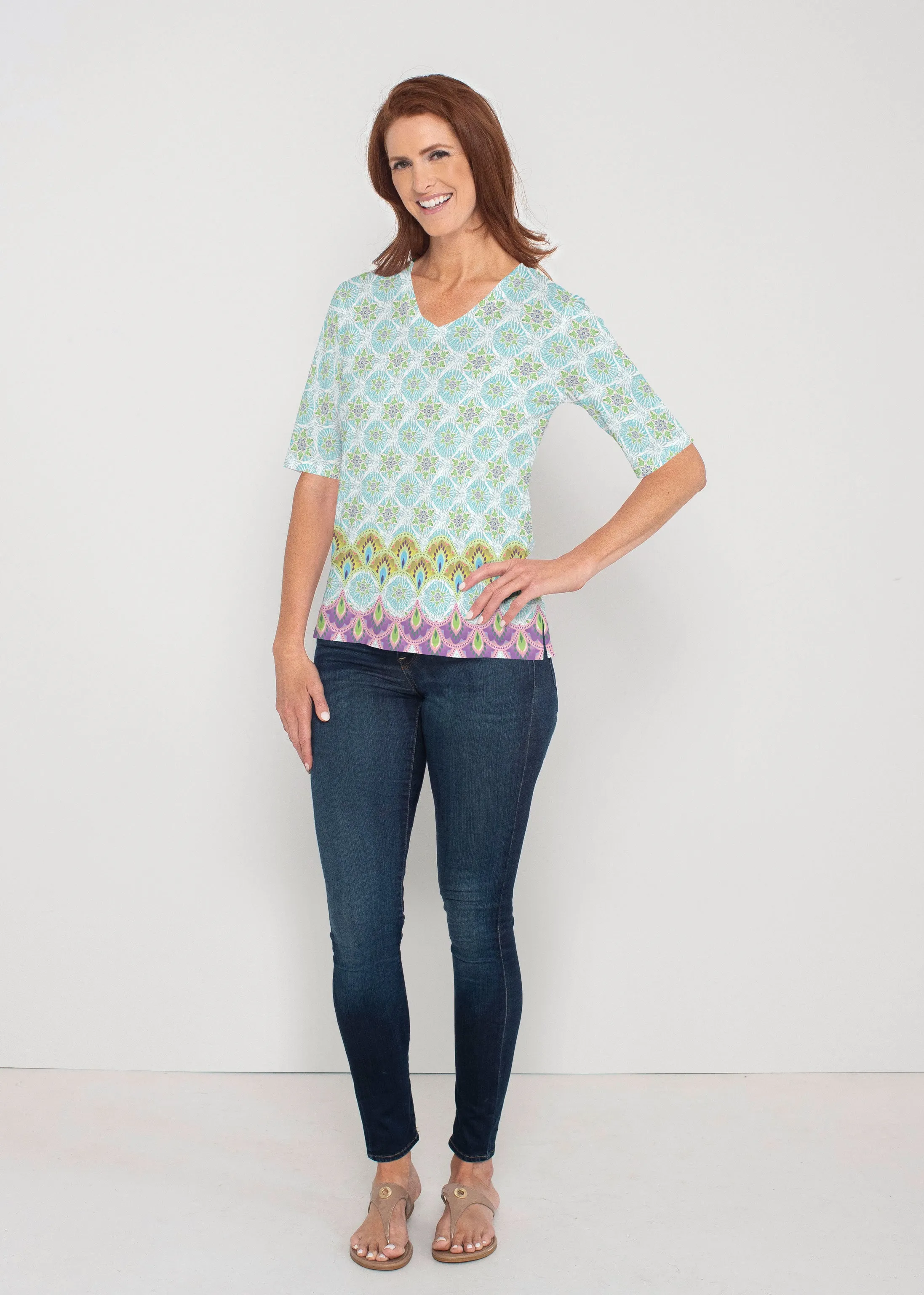 Izzy (19199) ~ Signature Elbow Sleeve V-Neck Top