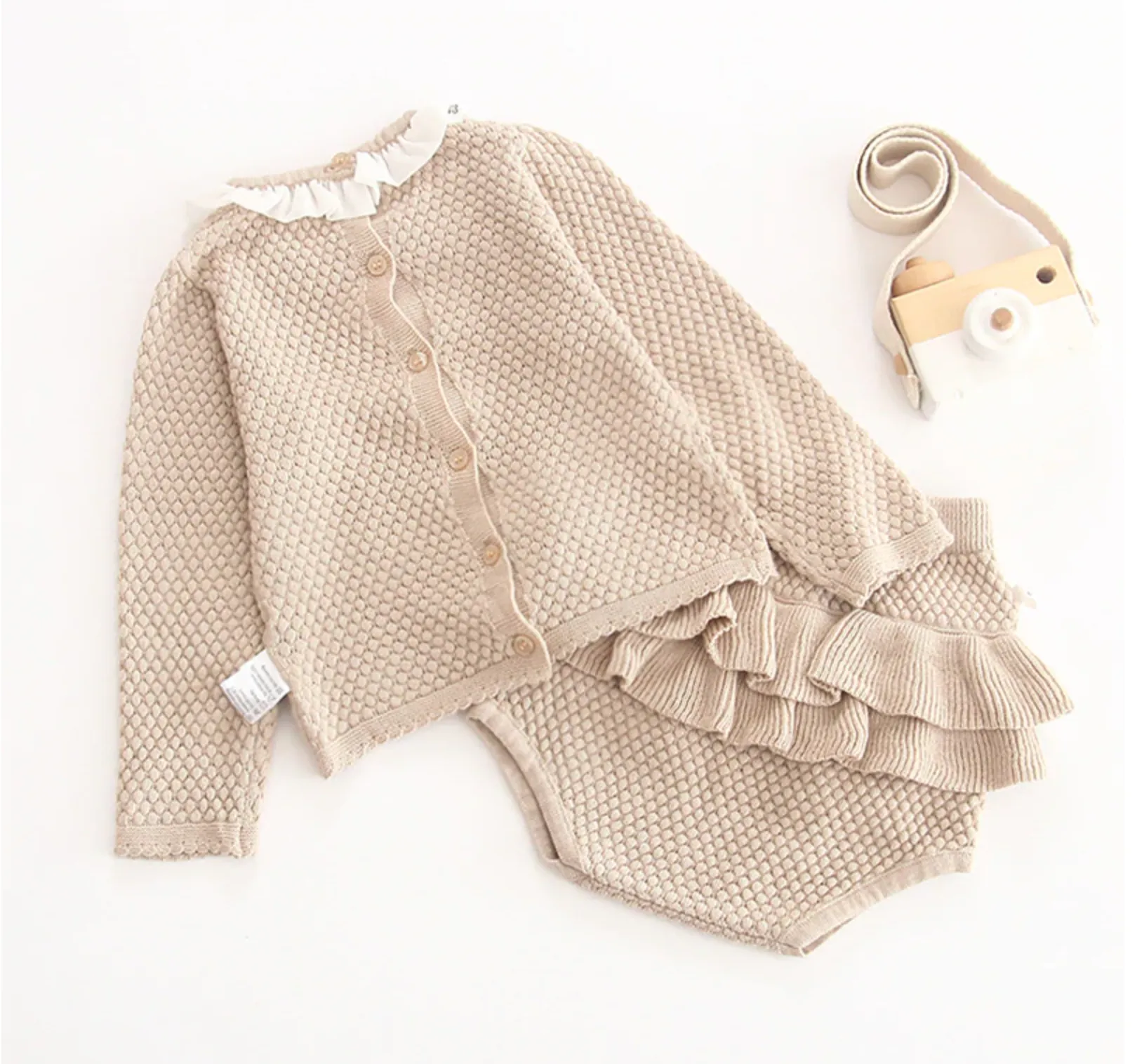 Knitted Frill Bloomer Co-ord - Beige