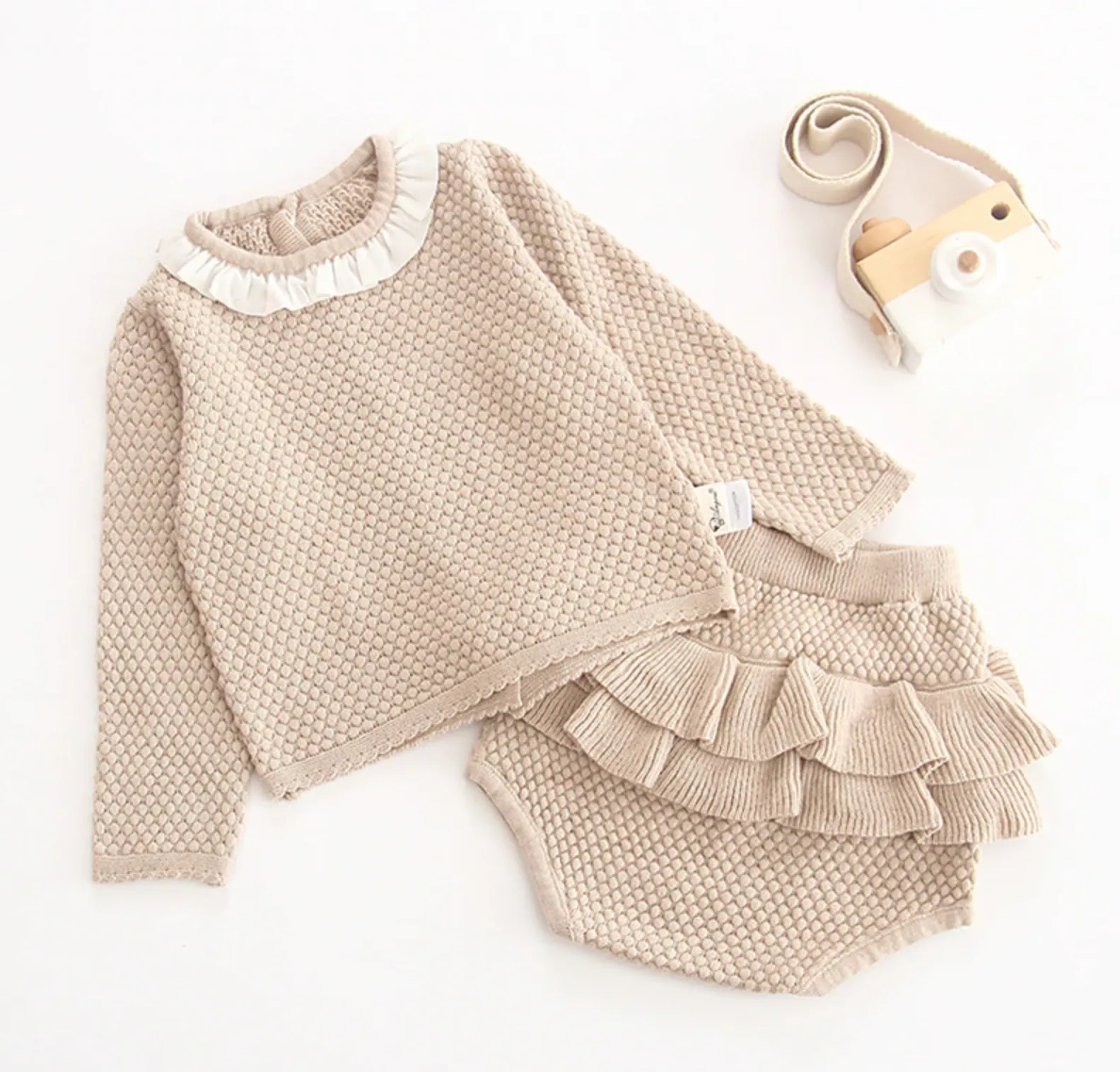 Knitted Frill Bloomer Co-ord - Beige