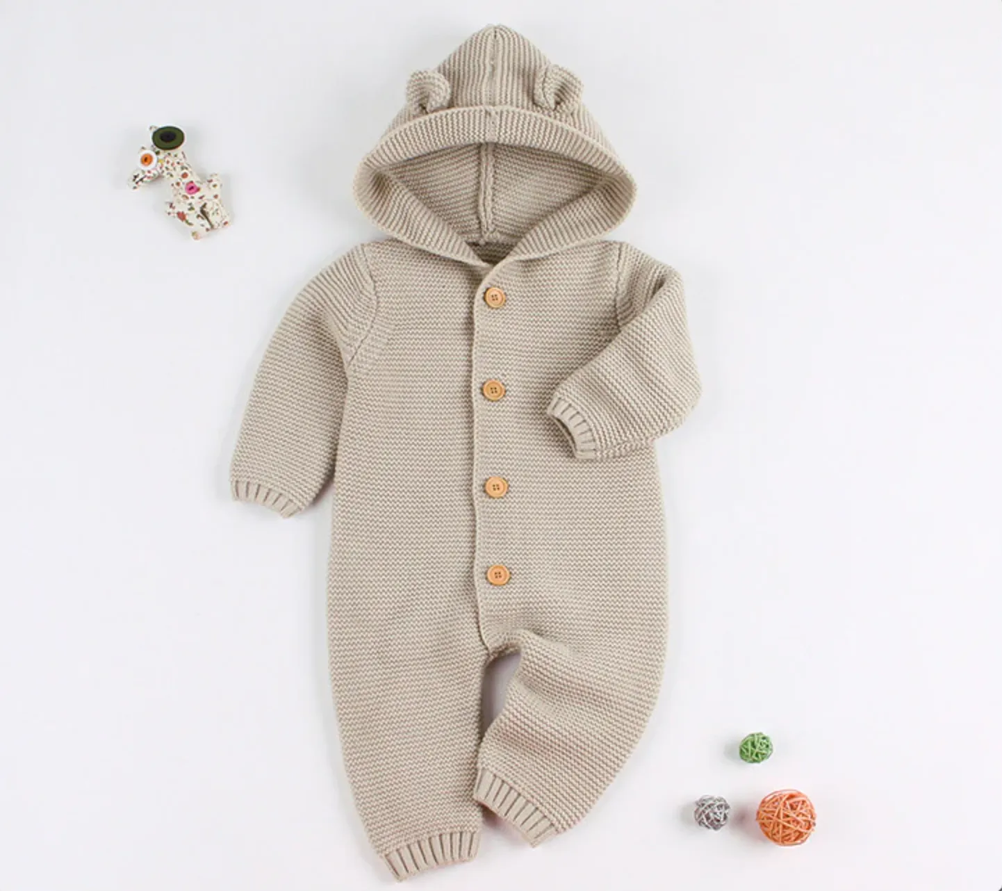 Knitted Hooded Jumpsuit - Beige