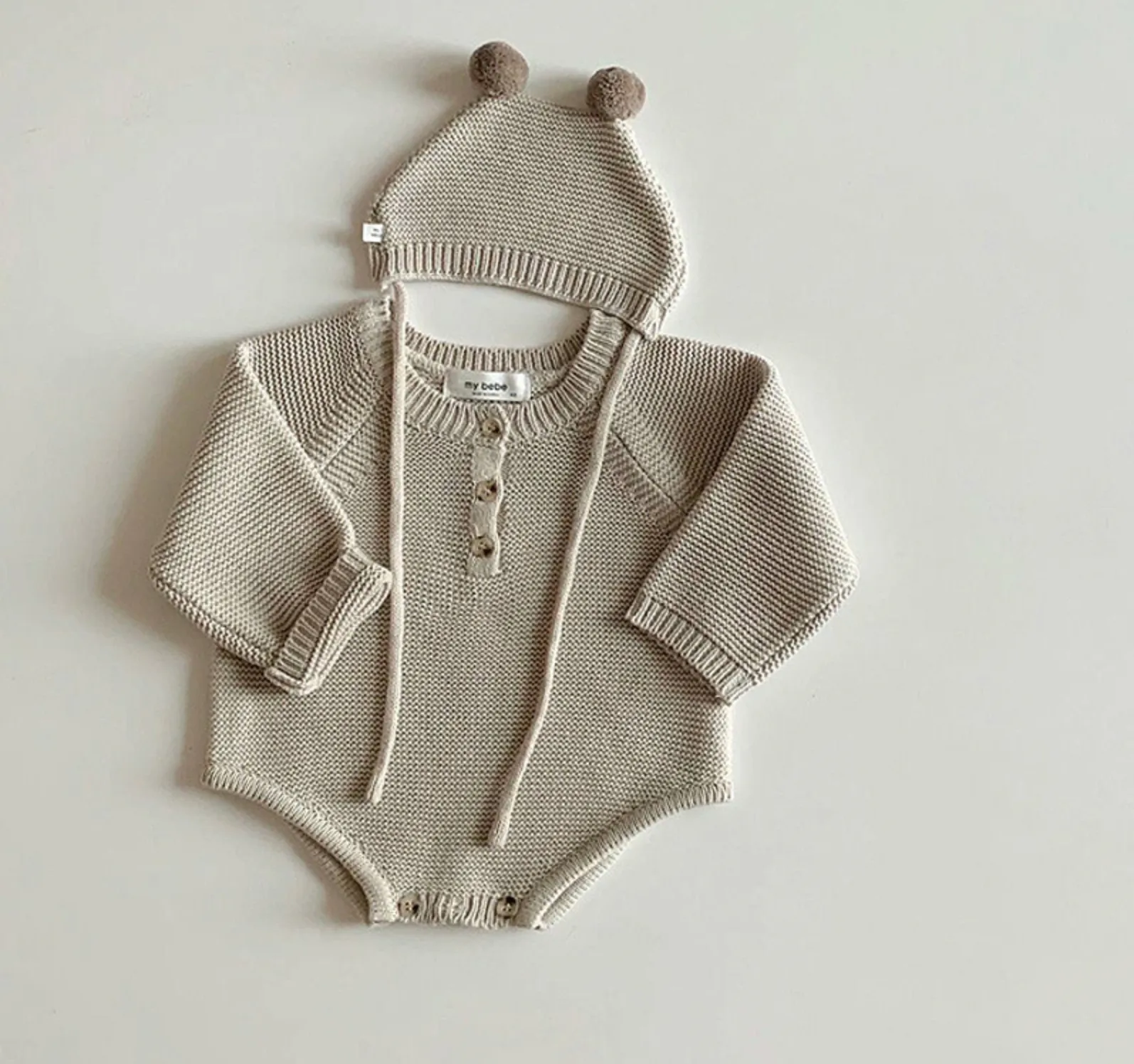 Knitted Romper and Pom Pom Hat - Beige